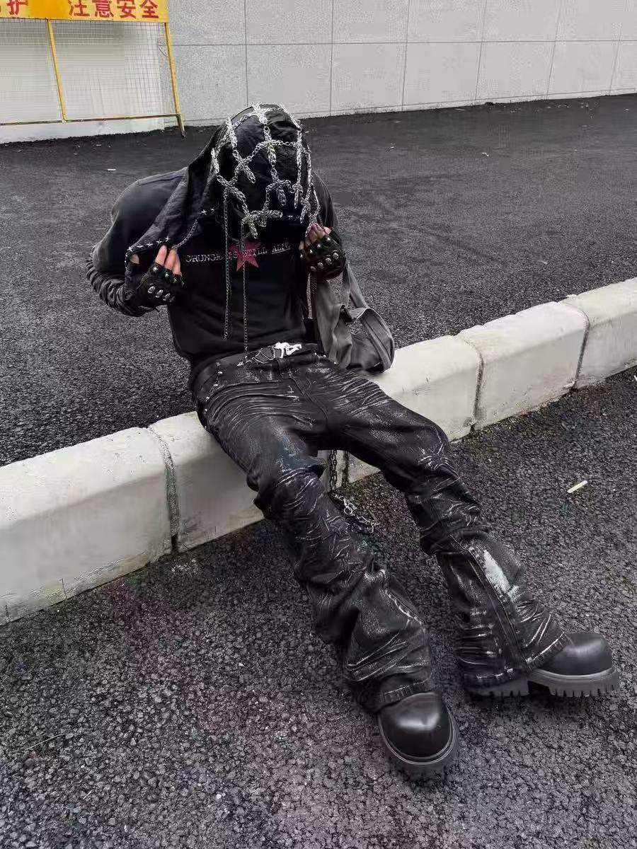 Dark Pleated Gold Foil Coated Jeans 