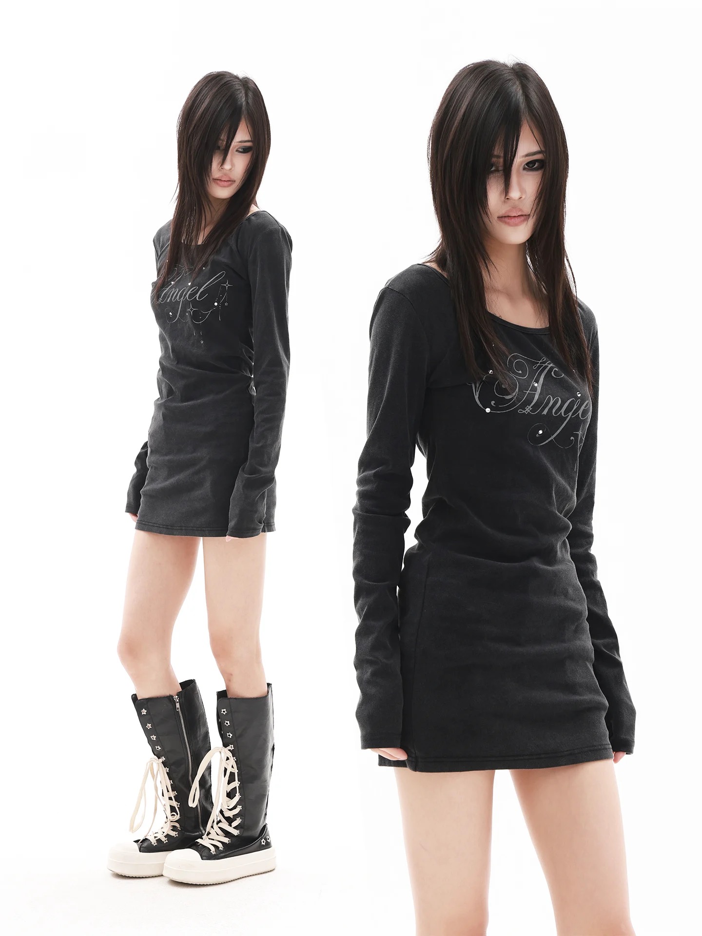 DETWONLINE™"Retro Script"Long‑Sleeve Bodysuit Dress
