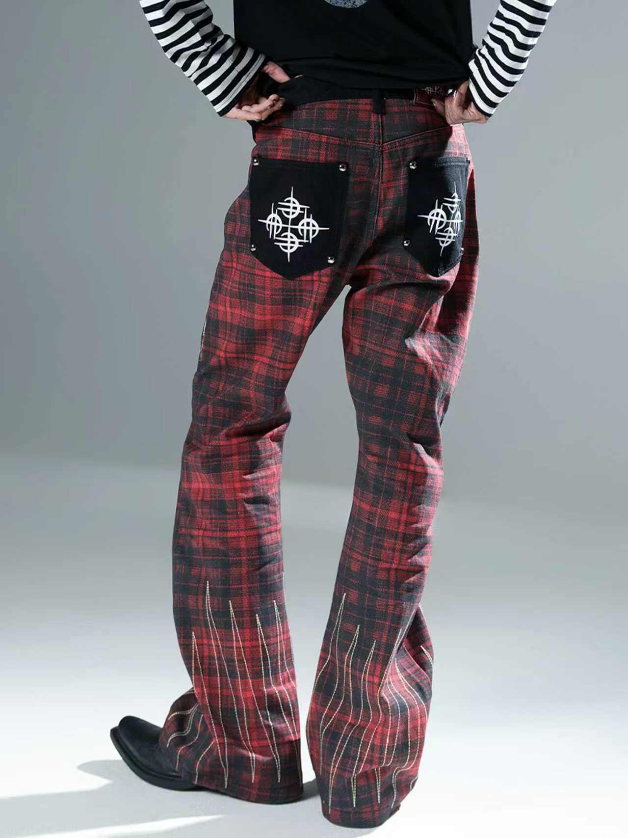 Red Plaid Embroidered Jeans
