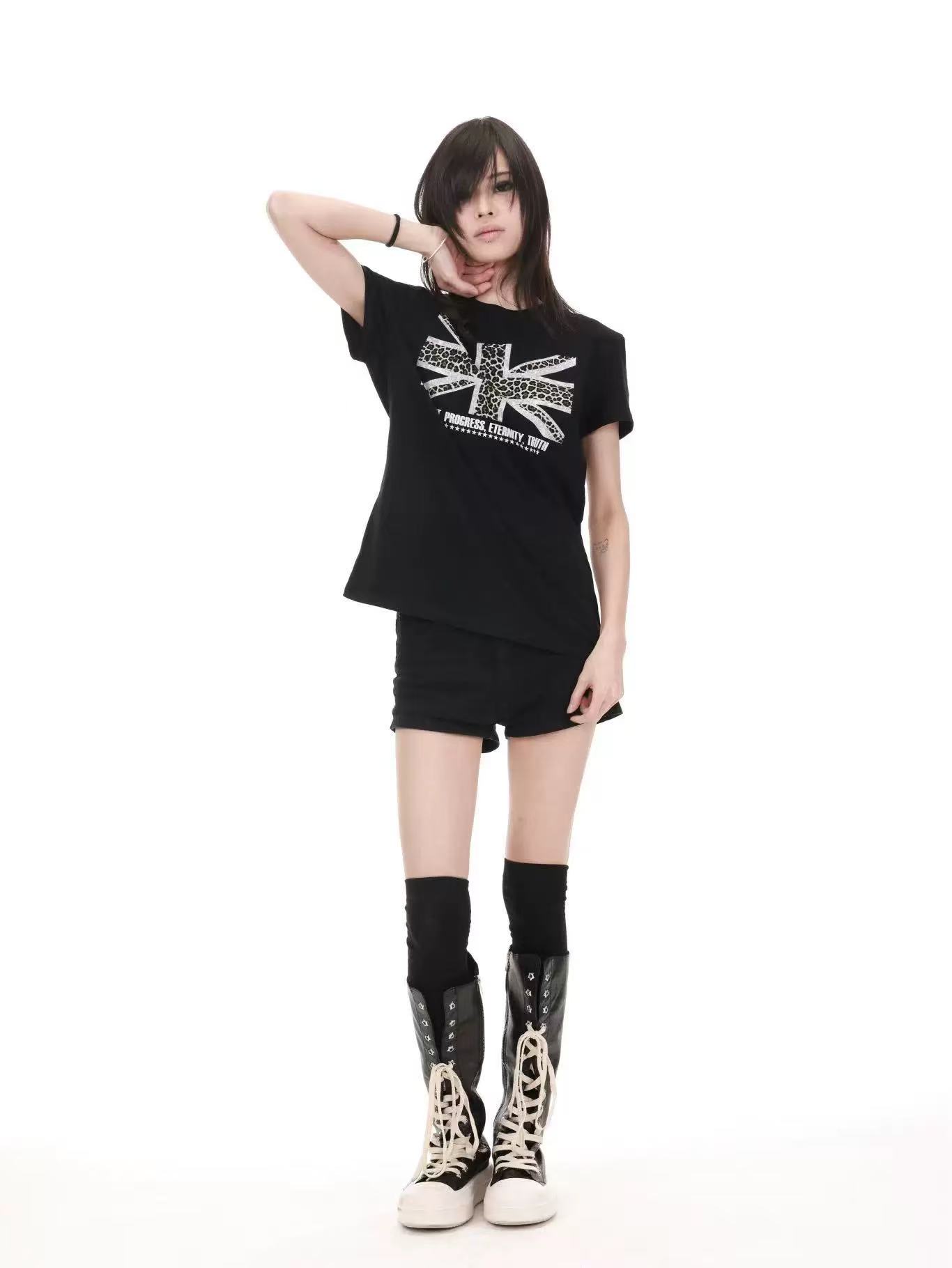 DETWONLINE™Y2K Leopard Print Union Jack Rhinestone Graphic Tee