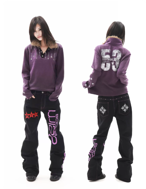 DETWONLINE™"Washed‑Dip‑Dyed Purple"Long‑Sleeve Polo Shirt