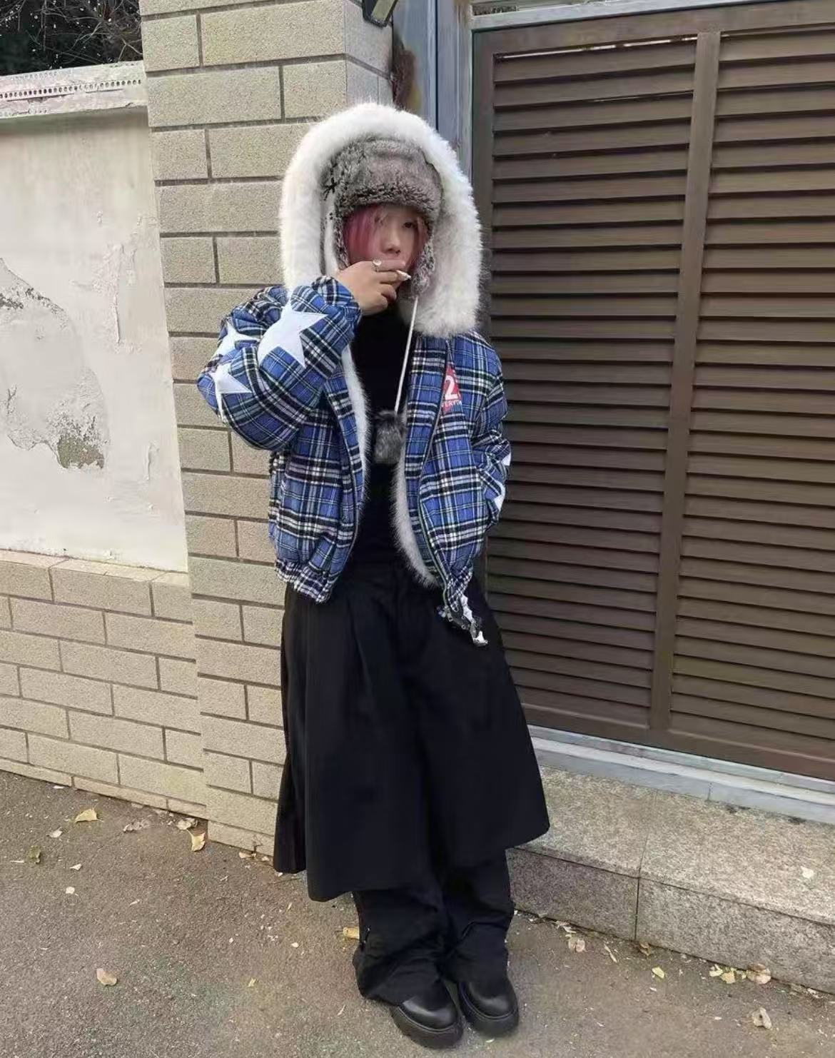 Detwonline blue checkered appliquéd Fur Coat