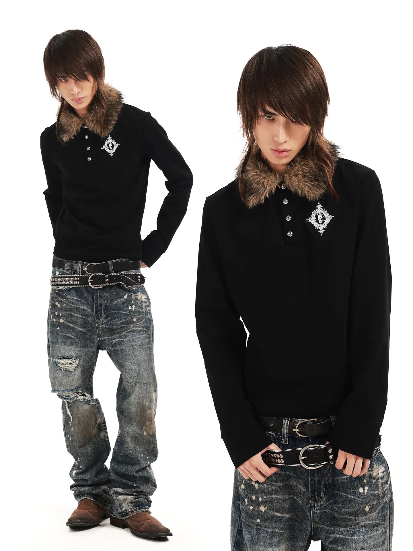 DETWONLINE™"Skull Brooch"Long‑Sleeve Polo Top
