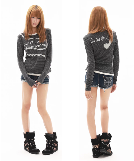 DETWONLINE™Black‑and‑White Stripes‑Women’s / Creative Slogan Long‑Sleeve Top