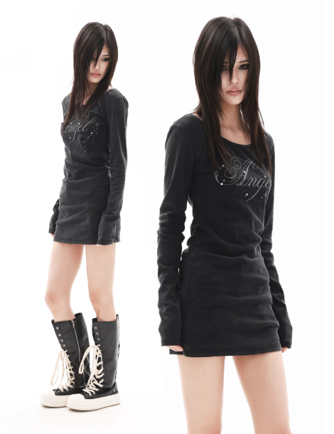 DETWONLINE™"Retro Script"Long‑Sleeve Bodysuit Dress