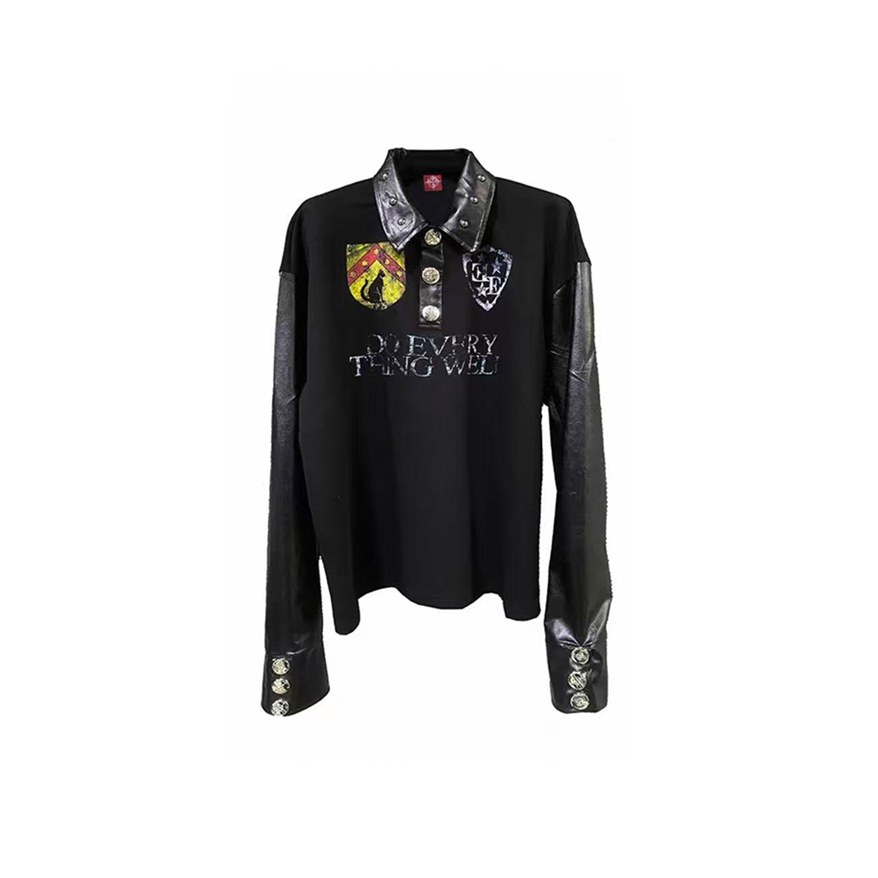 DETWONLINE™Y2K Punk Red Star Badge Leather Sleeve Oversized Polo Shirt