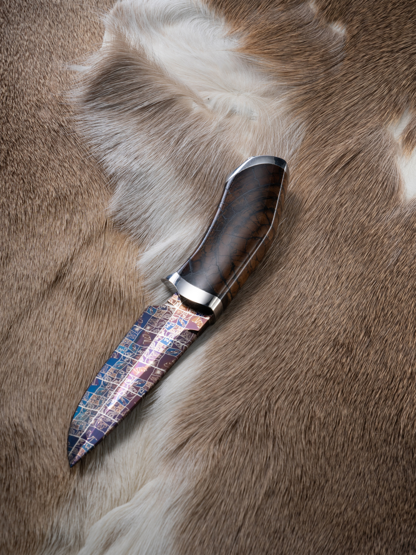 “Ma’at – The Goddess of Order” | Mosaic Damascus Hunting Knife | Fossil Mammoth Ivory Handle | Hand-Forged by Bang In Forge