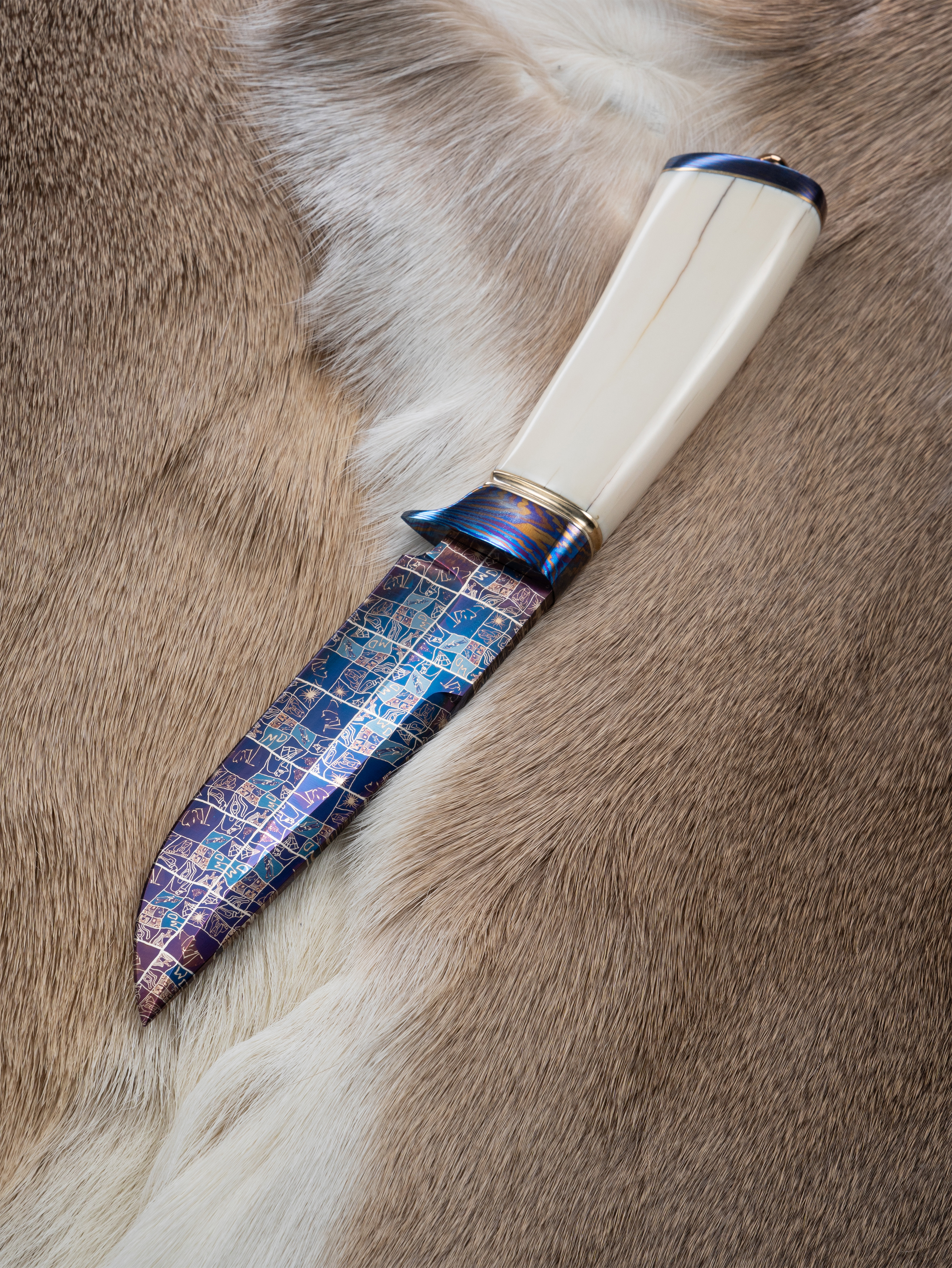 “Bastet – The Goddess of Precision (Mosaic Titanium Edition)” | Human-Face Damascus Knife | Walrus Ivory Handle | Hand-Forged by Bang In Forge