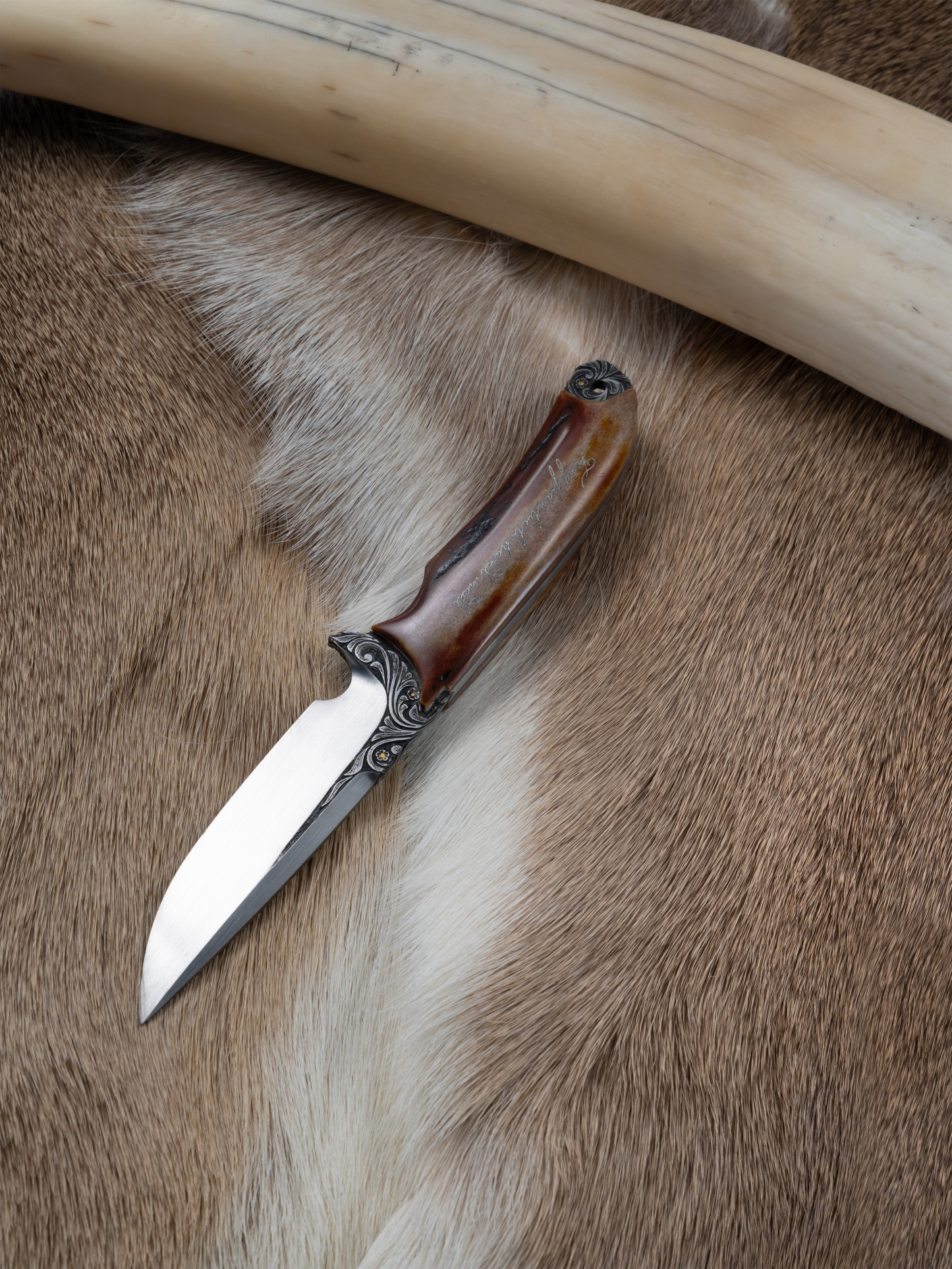 “Skadi – The Huntress’s Edge” | S390 Mini Hunting Knife | Stabilized Antler Handle | Handcrafted by Bang In Forge