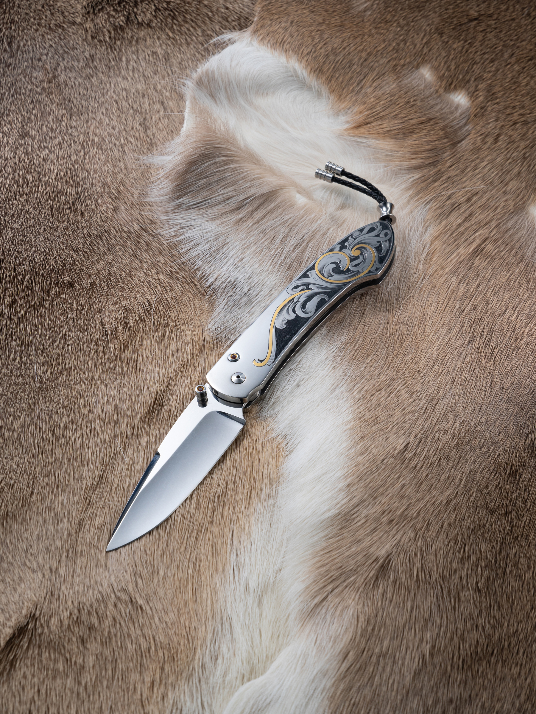 “Zephyr – The Breath of Steel” | Thomas Damascus Folding Knife | Hand-Engraved Lindsay Gold Inlay Handle | Ebony Display Box | Handcrafted by Bang In Forge