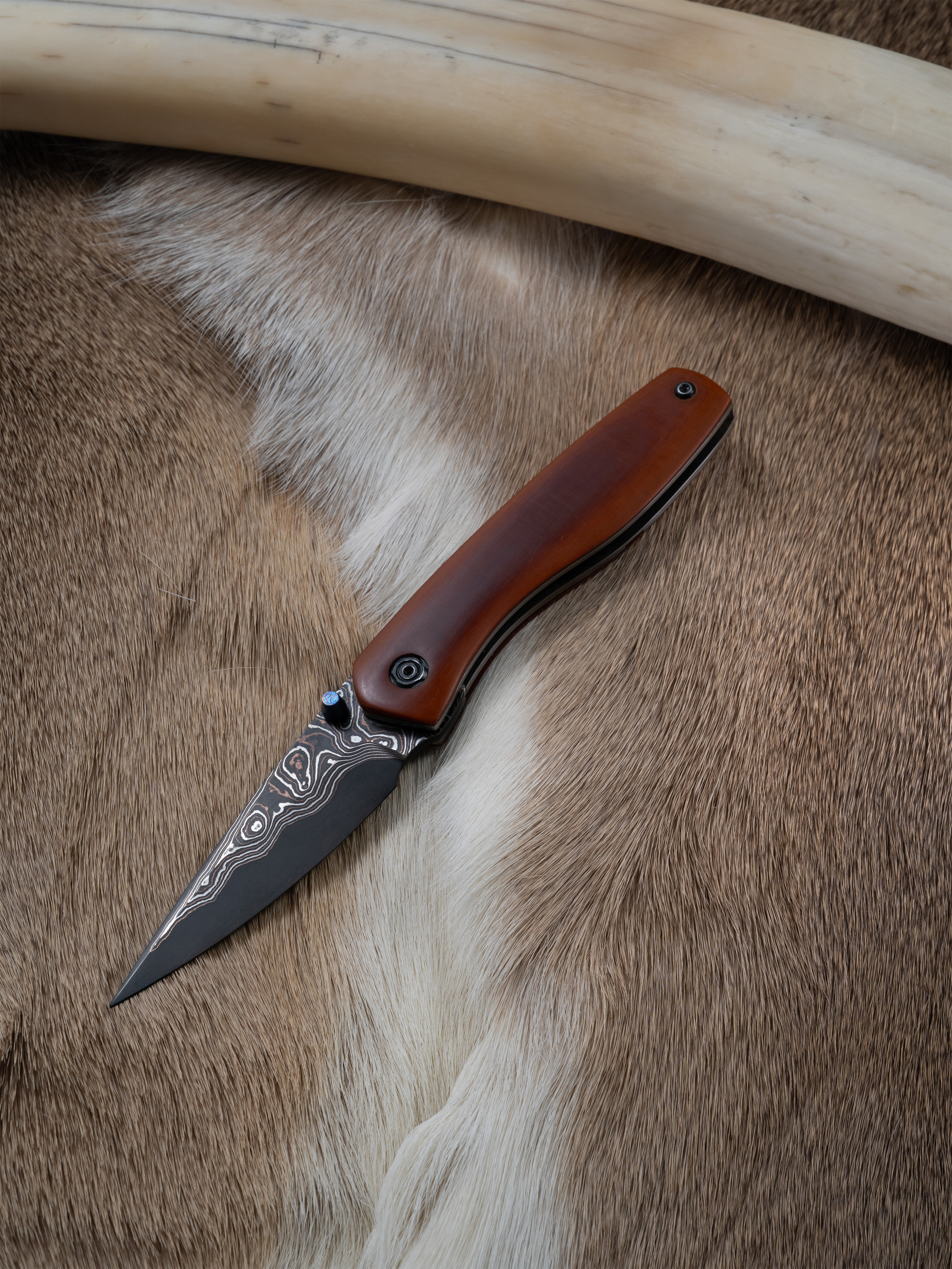 “Ra – The Sun of the Forge” | Copper San-Mai Damascus Folding Knife | Westinghouse Micarta Handle | Handcrafted by Bang In Forge