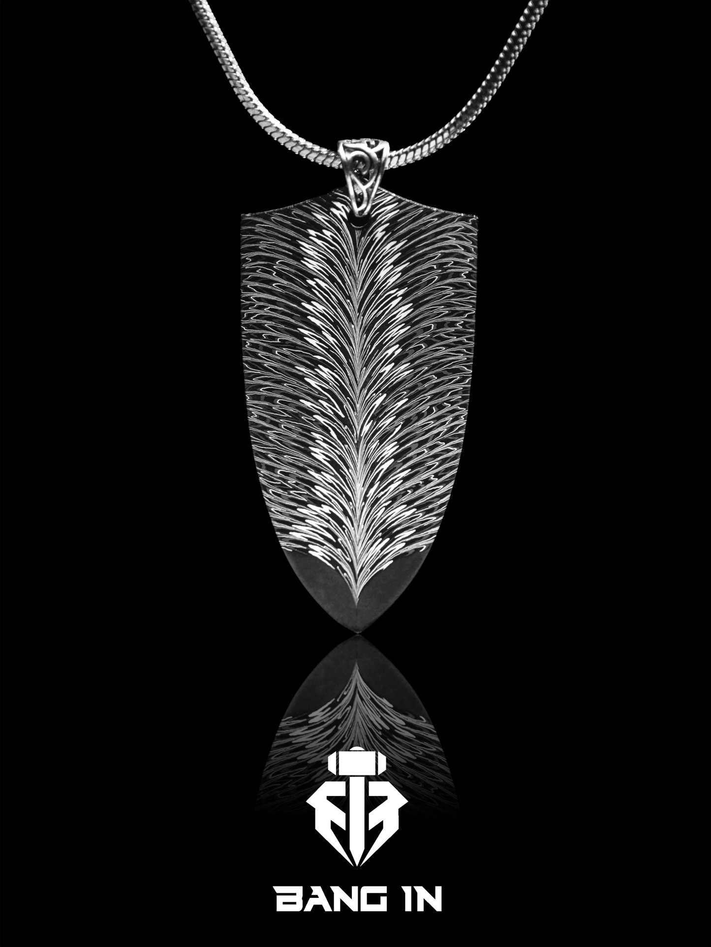 "Plume Shield" Damascus Steel Pendant | Handcrafted by Bang In Forge