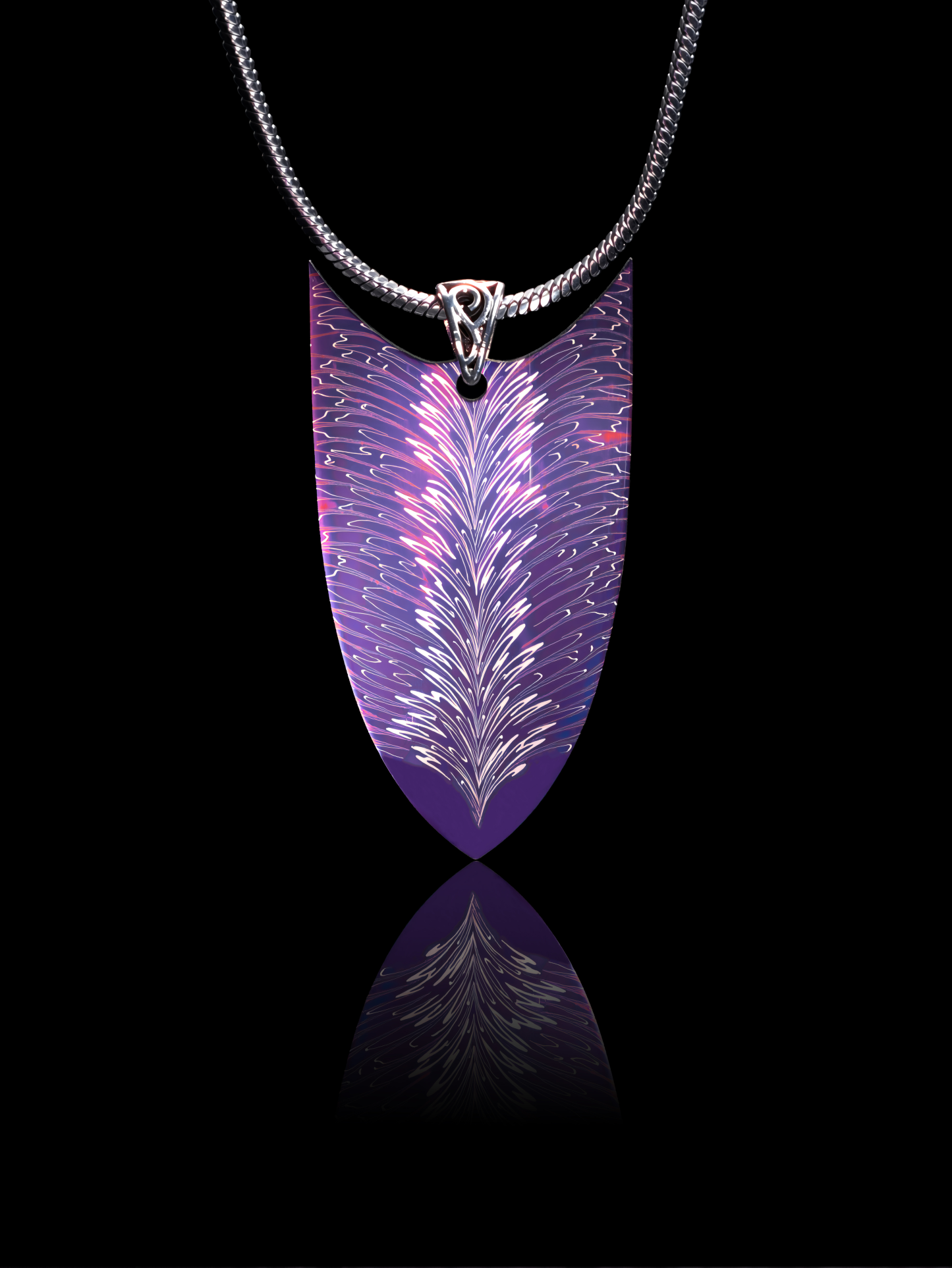 iolet Feather Shield" | Hand-Torched Damascus Steel Pendant | Bang In Forge