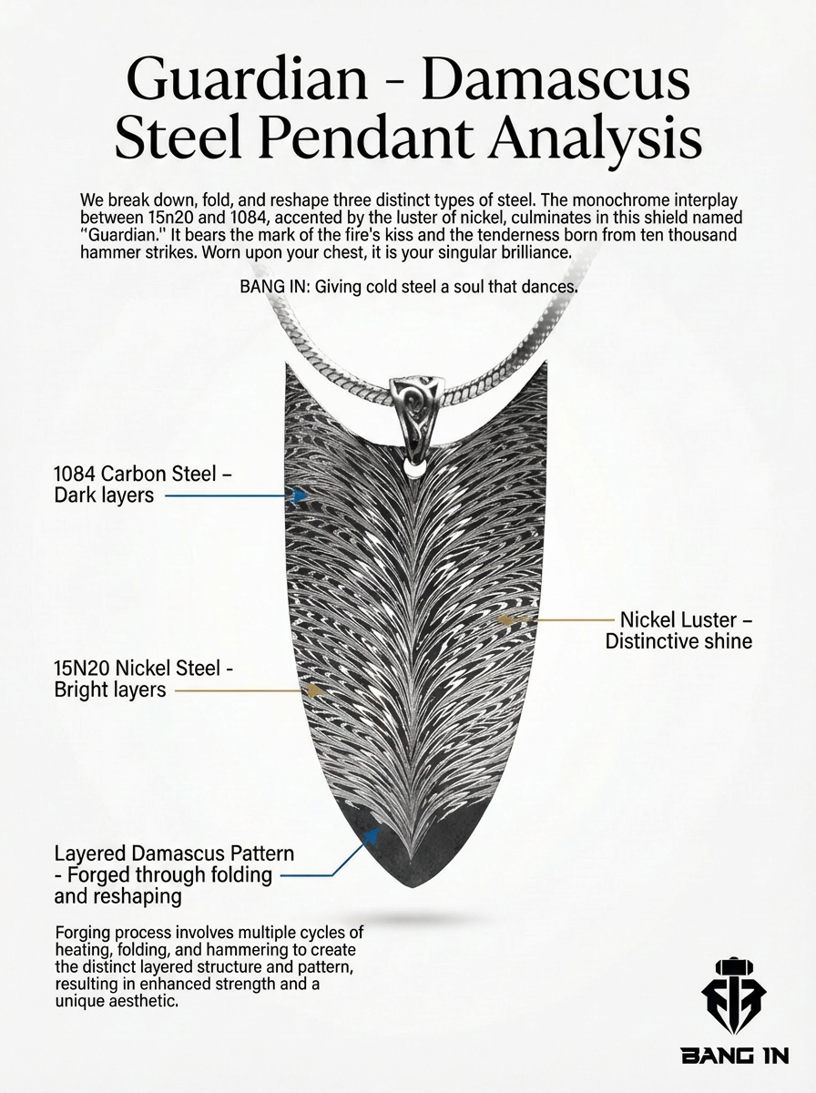 "Feathered Guardian" Damascus Steel Shield Pendant |Bang In Forge