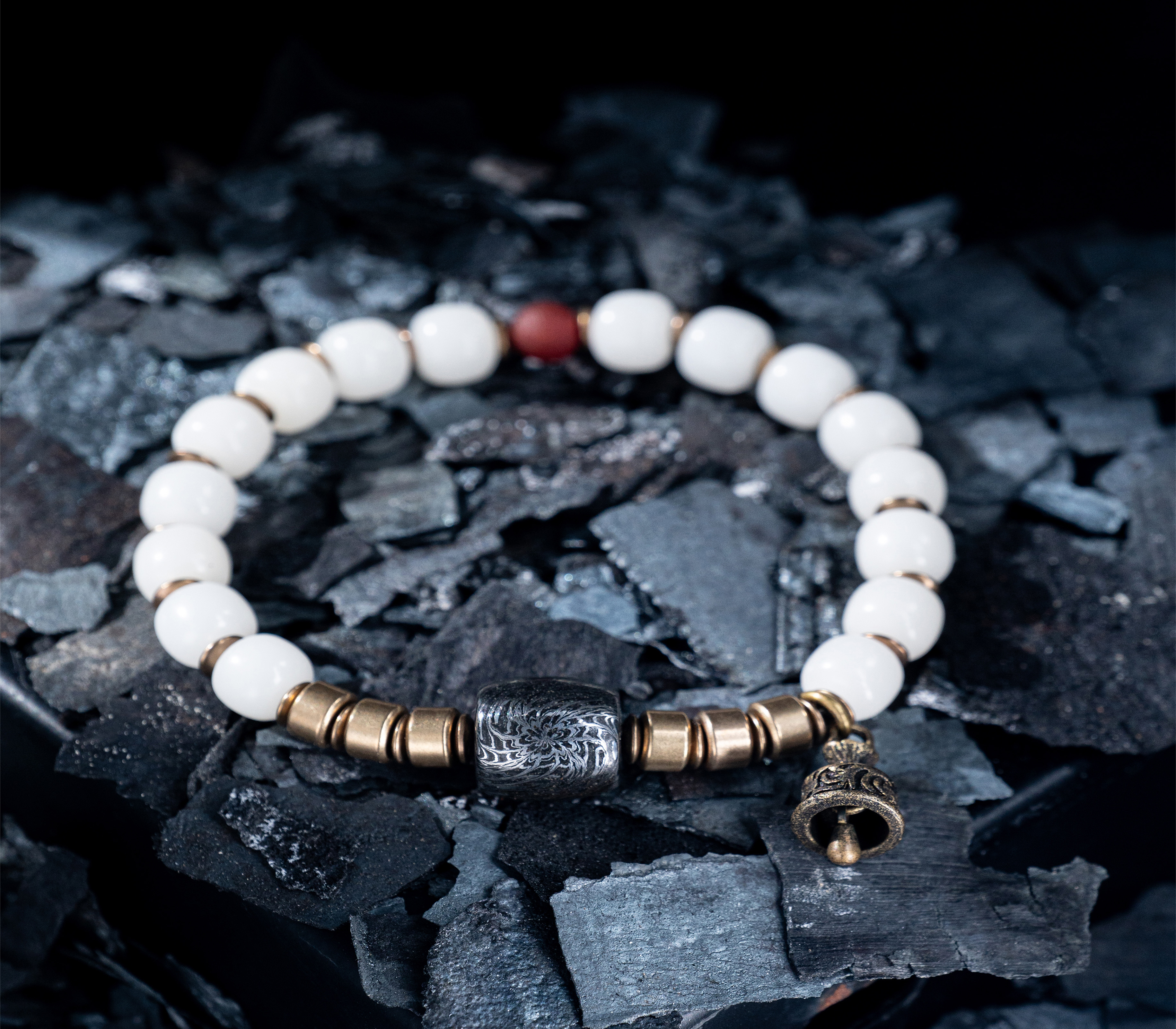 “Temple Forge” – Damascus Steel Barrel Bracelet | White Bodhi × Brass | Bang in