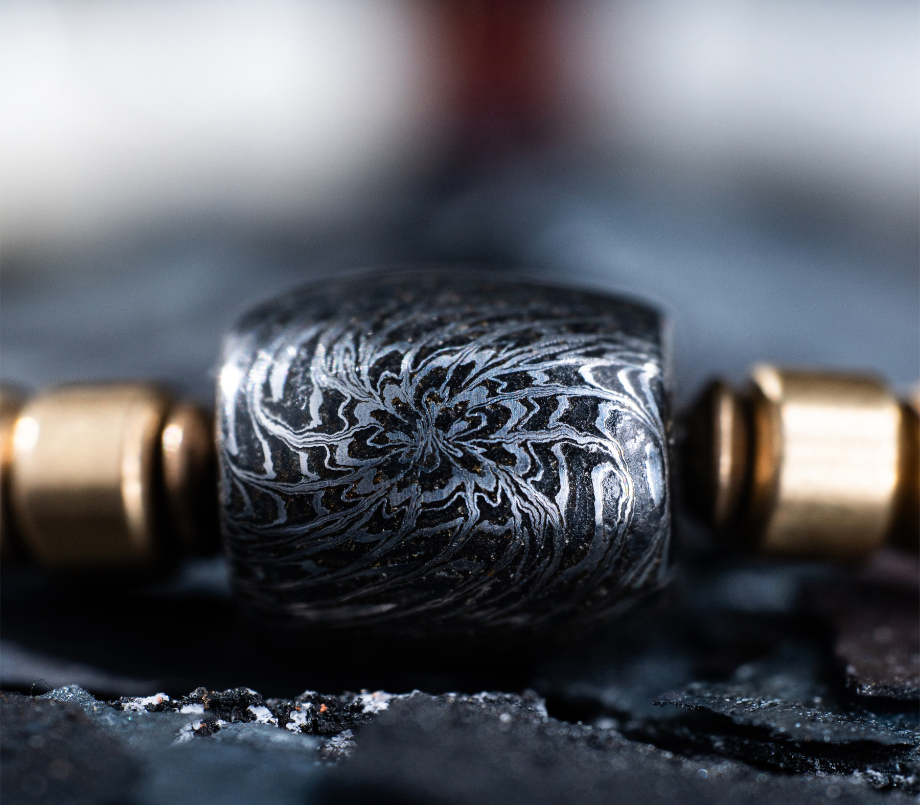 “Temple Forge” – Damascus Steel Barrel Bracelet | White Bodhi × Brass | Bang in