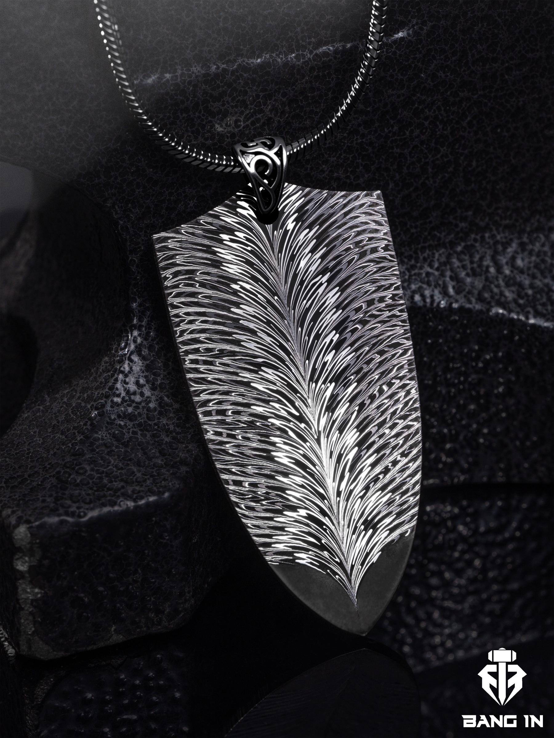 "Plume Shield" Damascus Steel Pendant | Handcrafted by Bang In Forge
