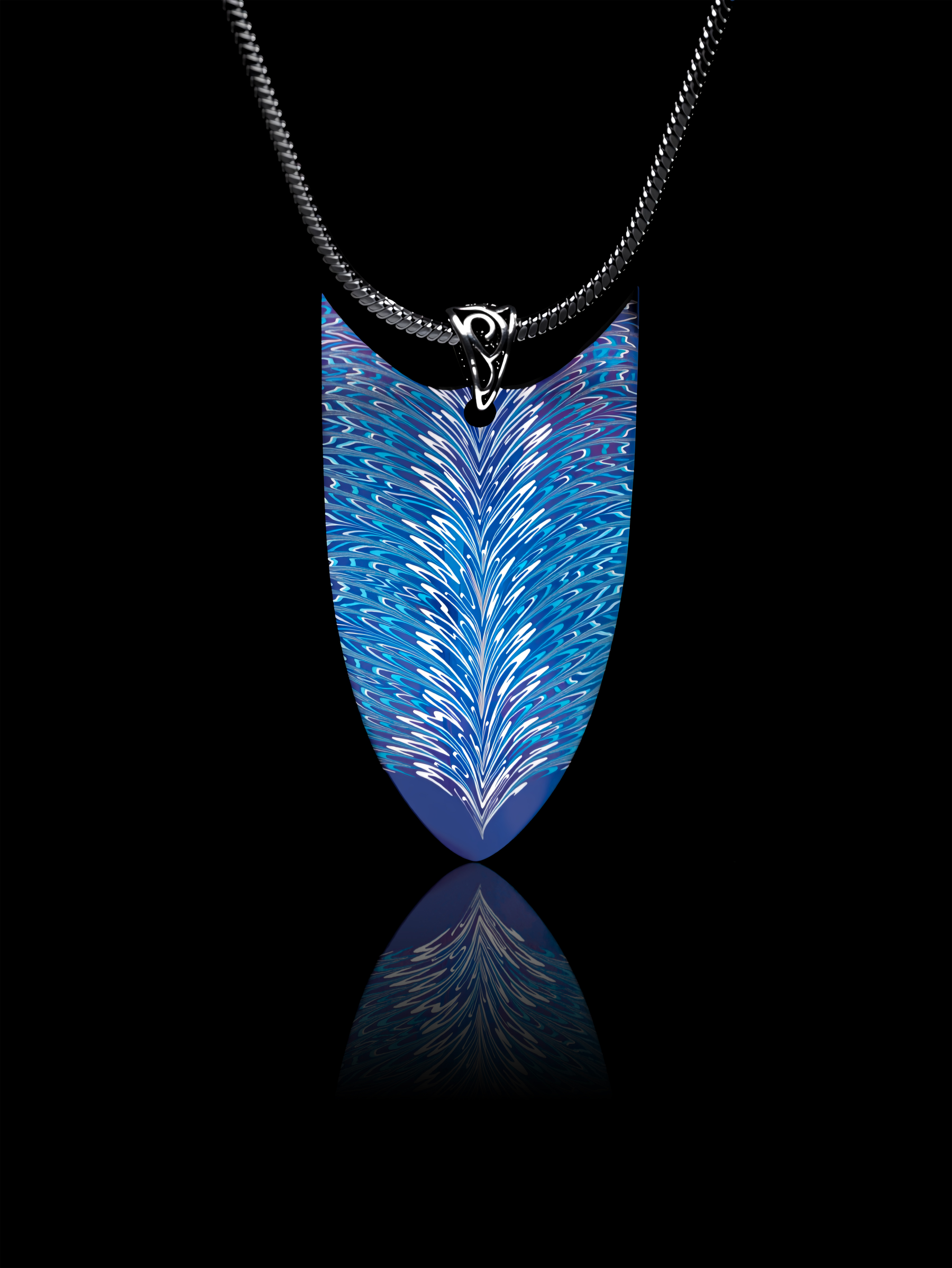"Azure Feather Shield" | Hand-Blued Damascus Steel Pendant | Bang In Forge