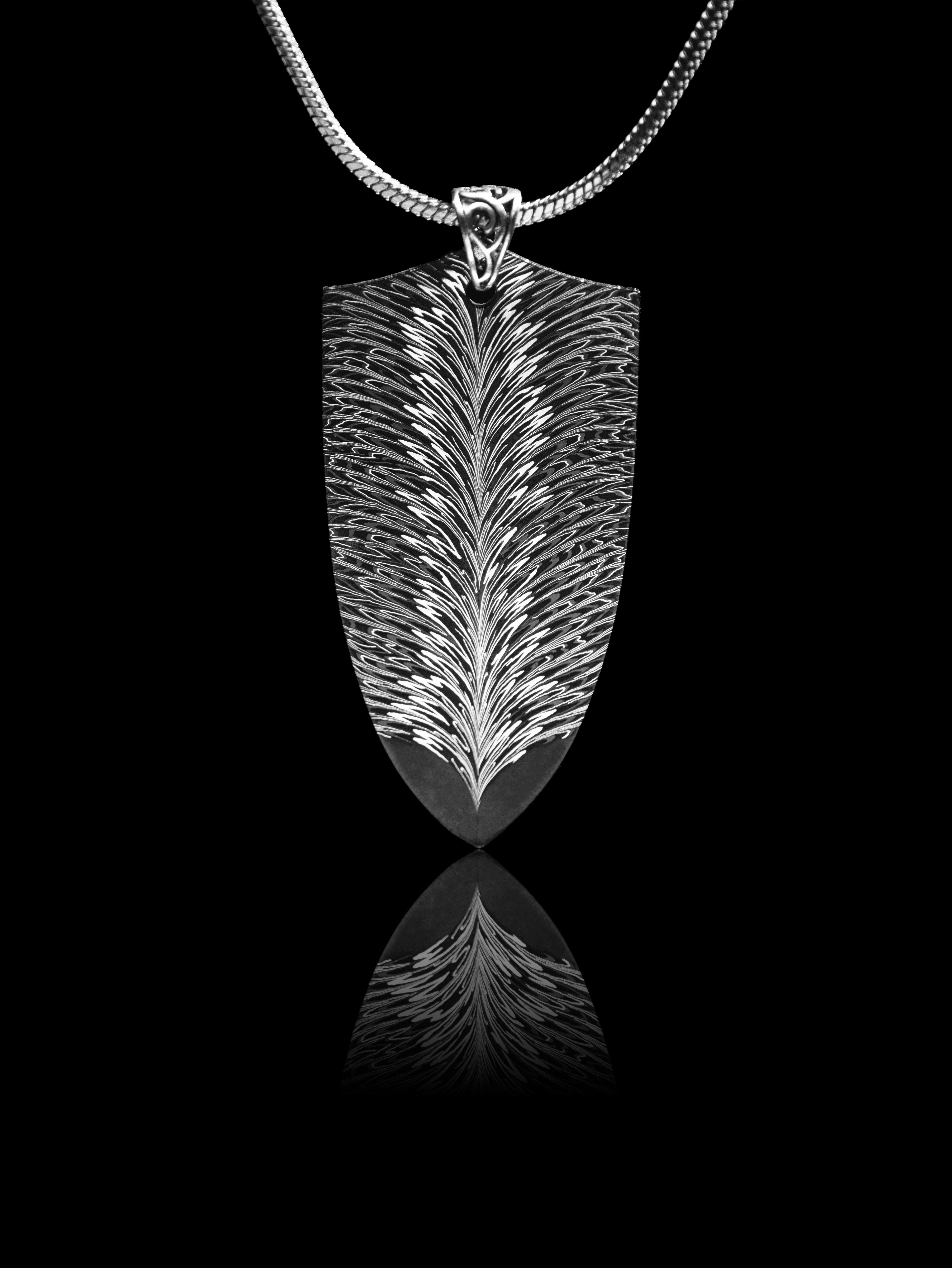 "Plume Shield" Damascus Steel Pendant | Handcrafted by Bang In Forge