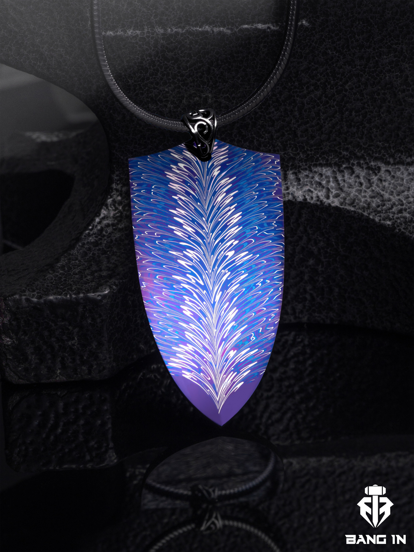 "Feather of the Storm" | Damascus Steel Shield Pendant | Handcrafted by Bang In Forge