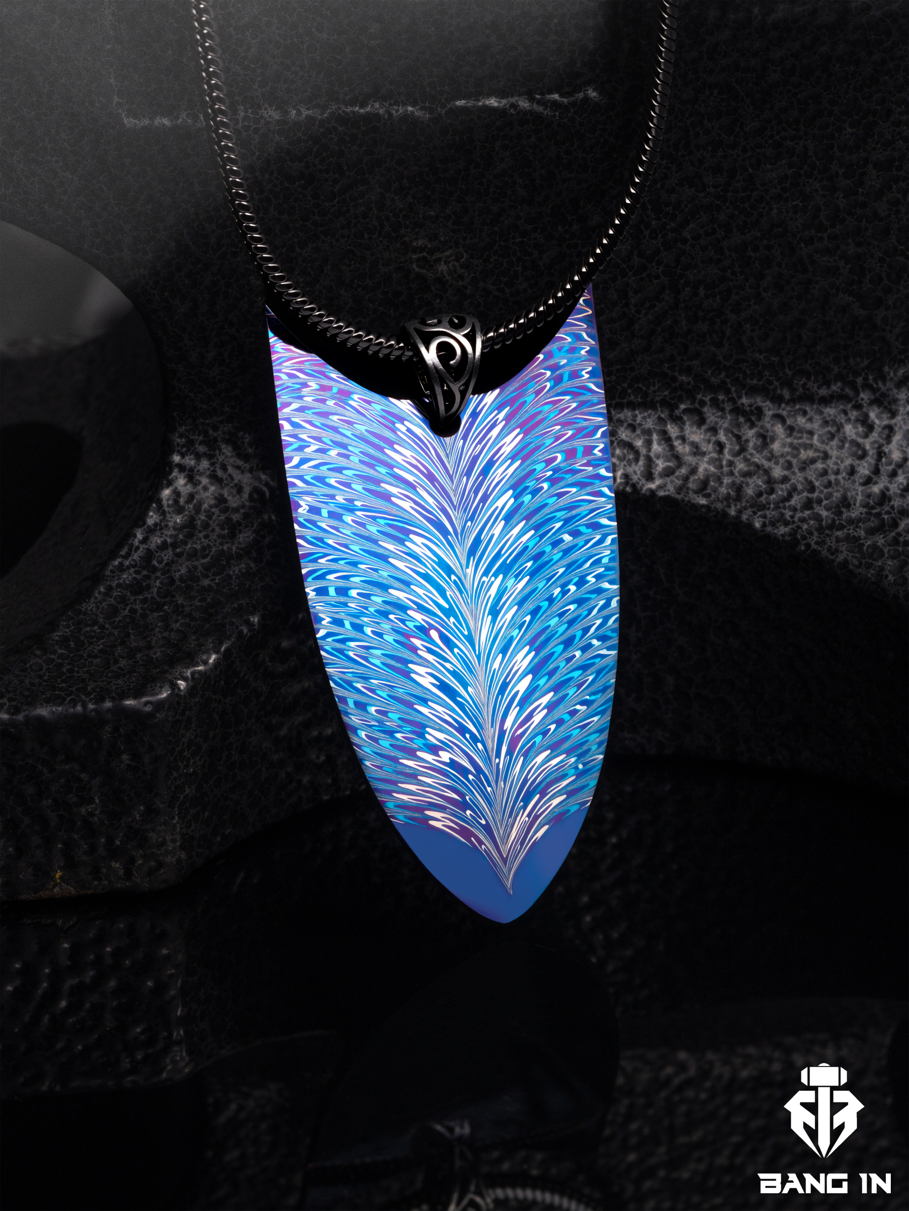 "Azure Feather Shield" | Hand-Blued Damascus Steel Pendant | Bang In Forge