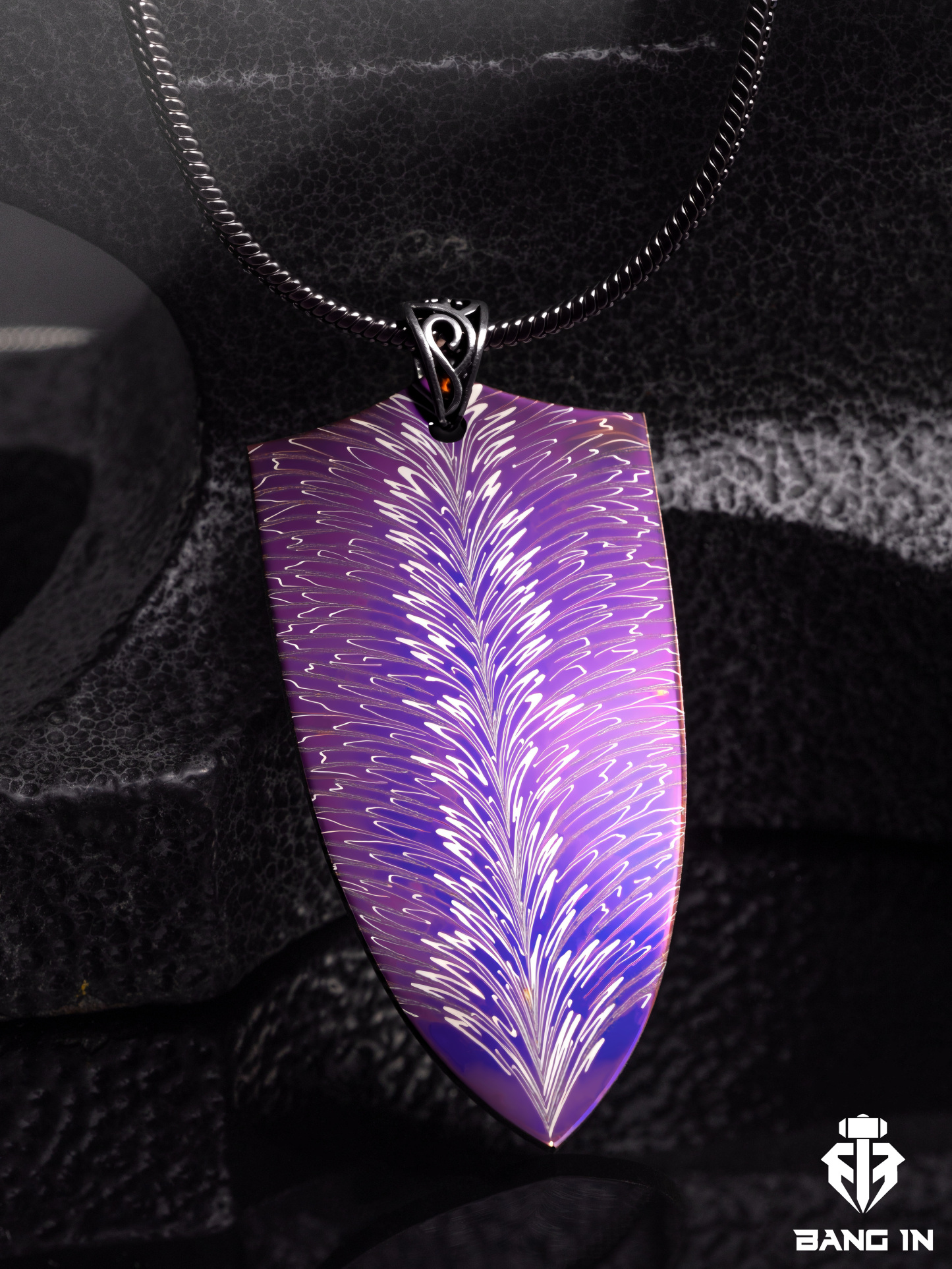 "Violet Plume Shield" | Heat-Purpled Damascus Steel Pendant| Bang In Forge