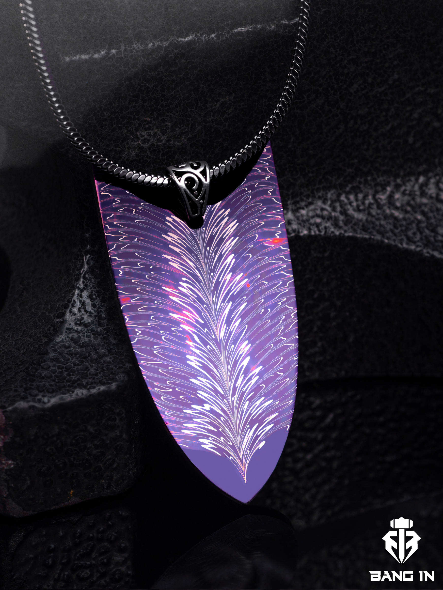 iolet Feather Shield" | Hand-Torched Damascus Steel Pendant | Bang In Forge