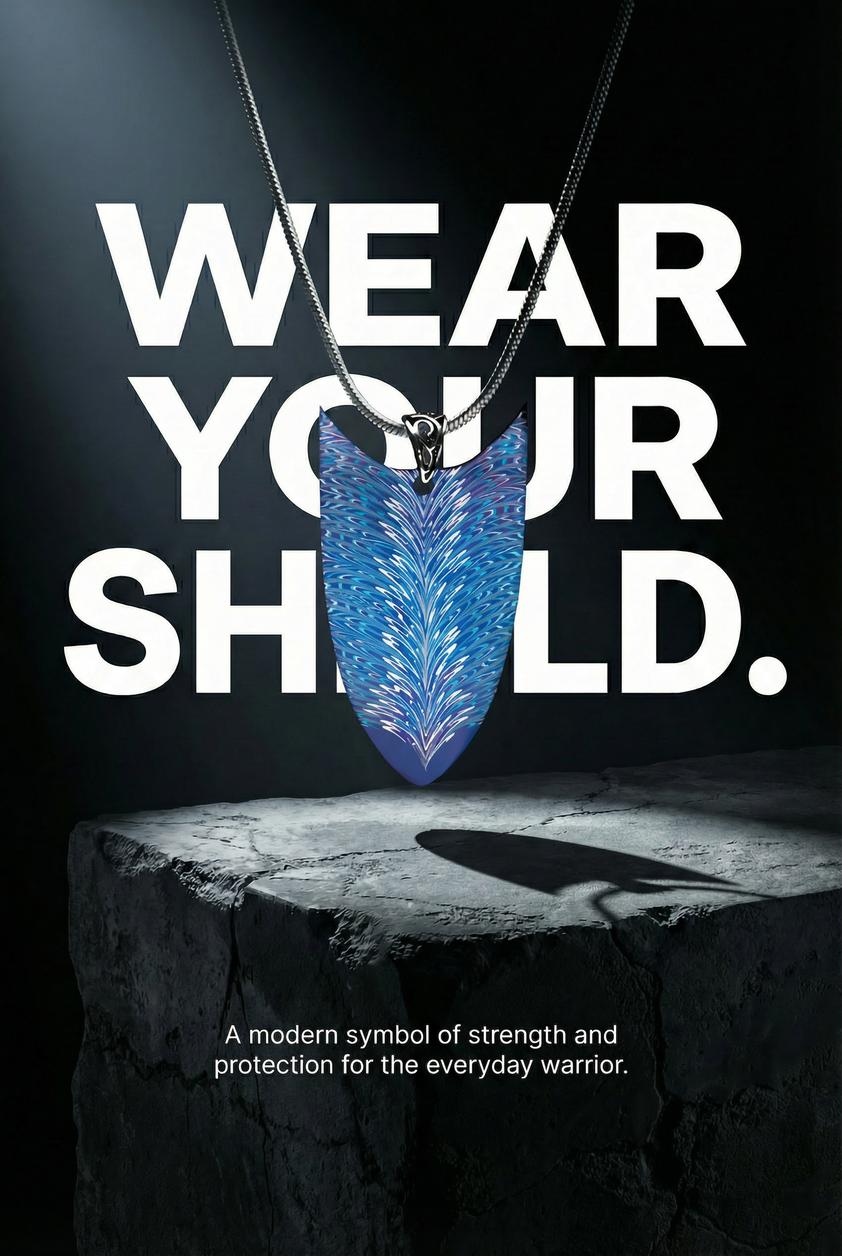 "Azure Feather Shield" | Hand-Blued Damascus Steel Pendant | Bang In Forge