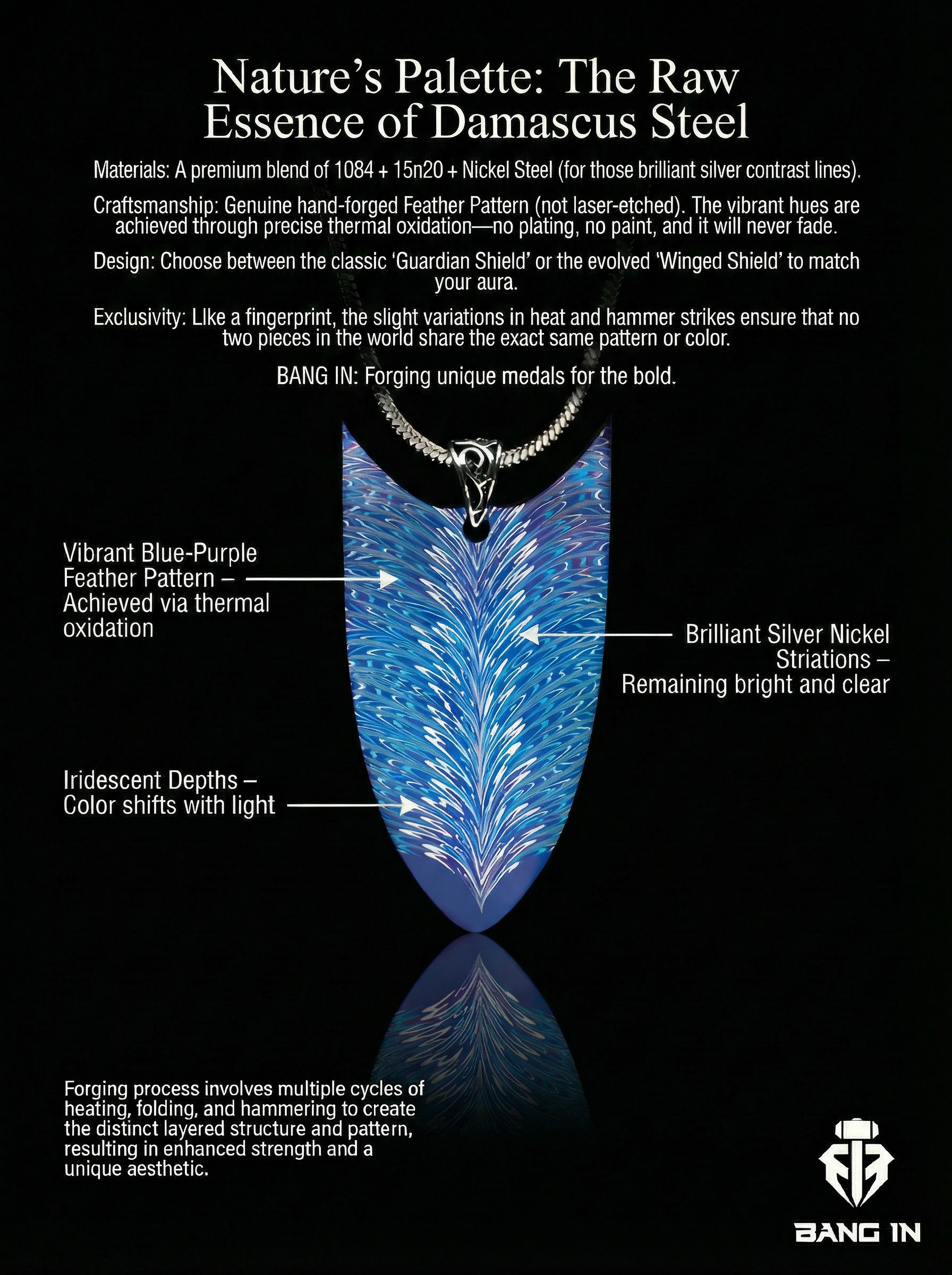"Azure Feather Shield" | Hand-Blued Damascus Steel Pendant | Bang In Forge