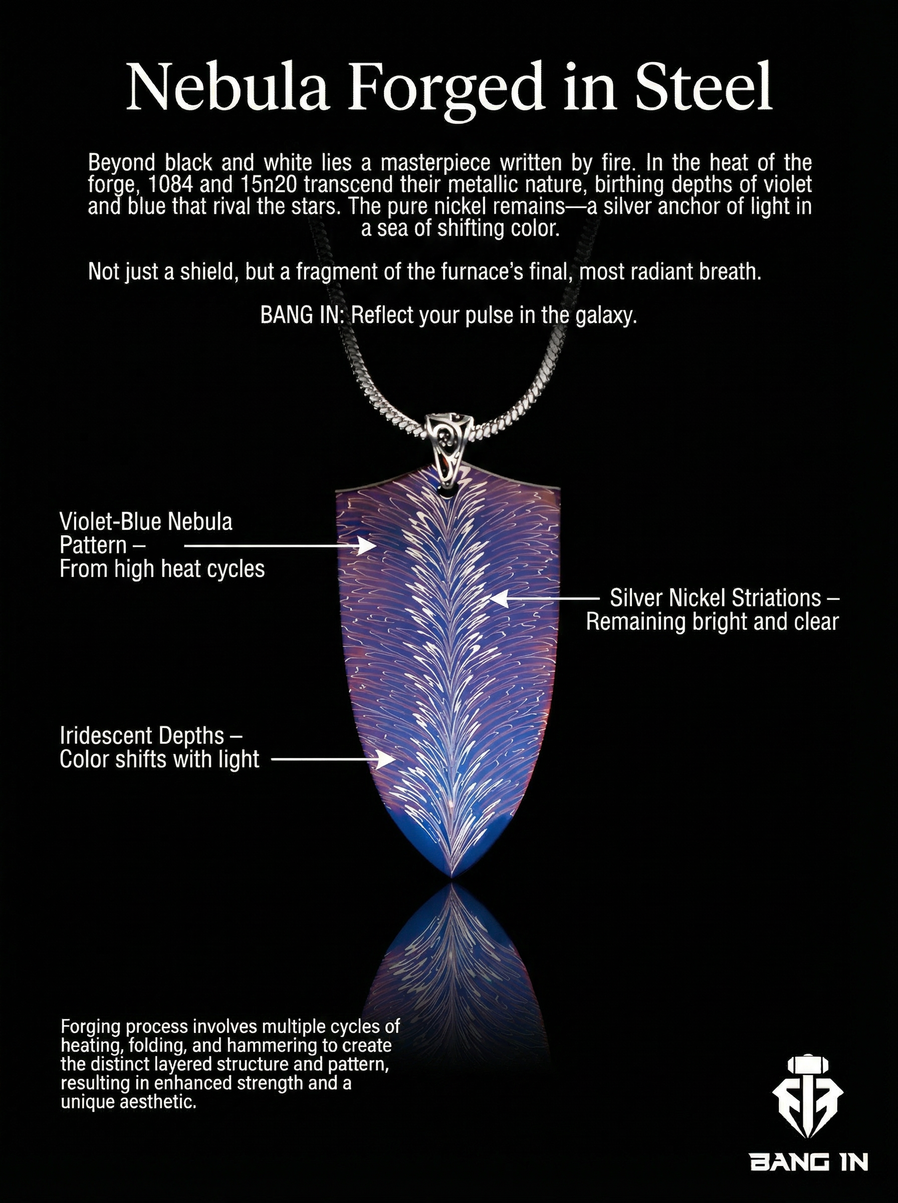 "Violet Plume Shield" | Heat-Purpled Damascus Steel Pendant| Bang In Forge