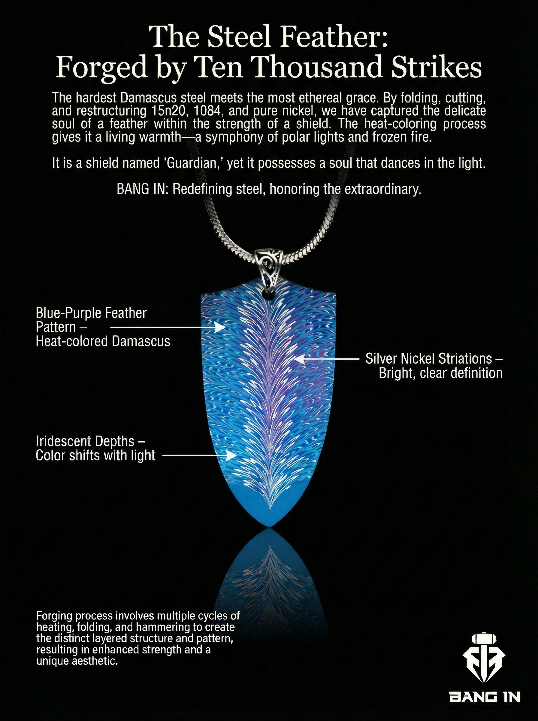 "Feather of the Storm" | Damascus Steel Shield Pendant | Handcrafted by Bang In Forge