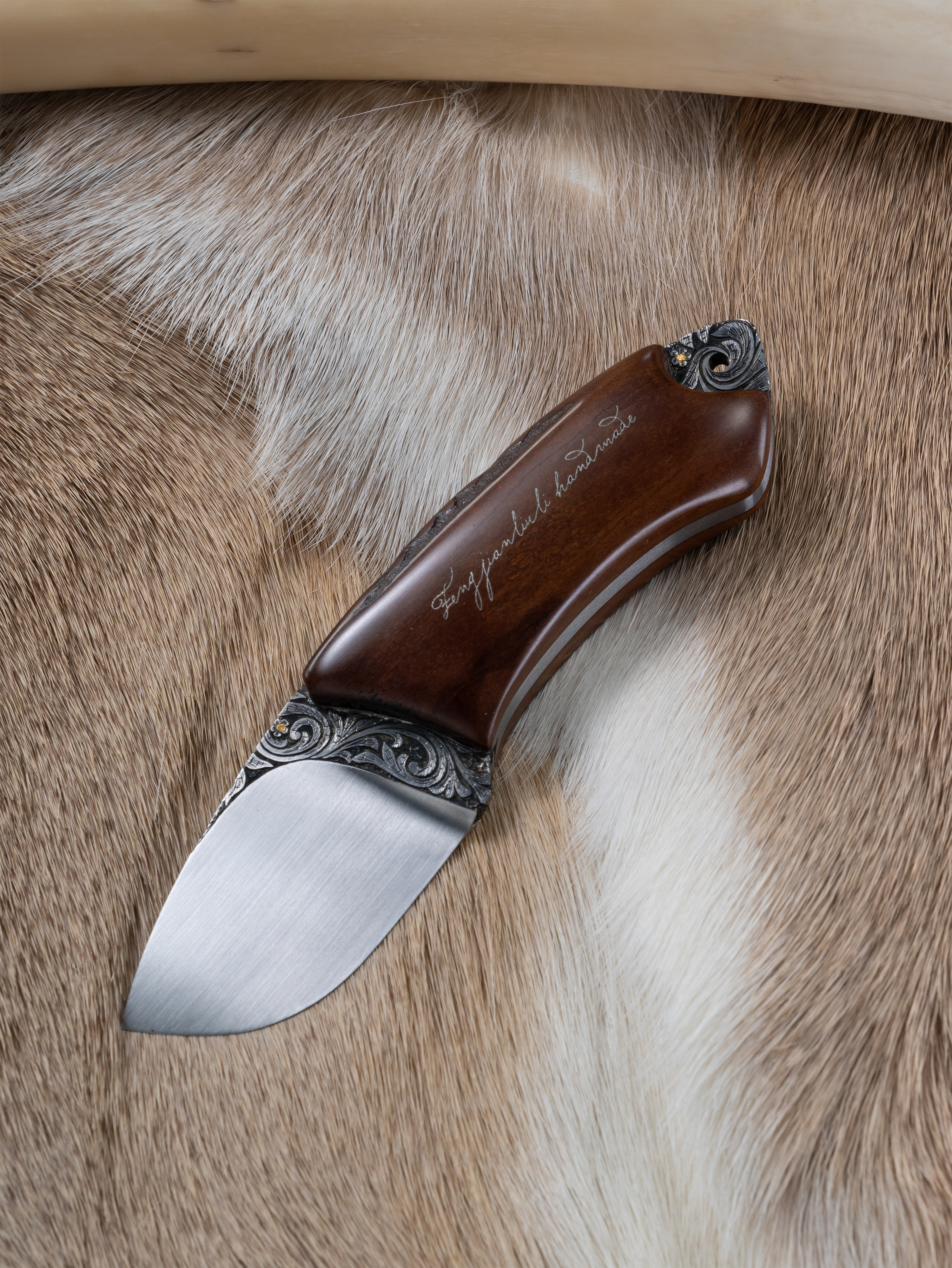 “Verdandi – The Thread of Time” | S390 Mini Skinner Knife | Stabilized Antler Handle | Handcrafted by Bang In Forge