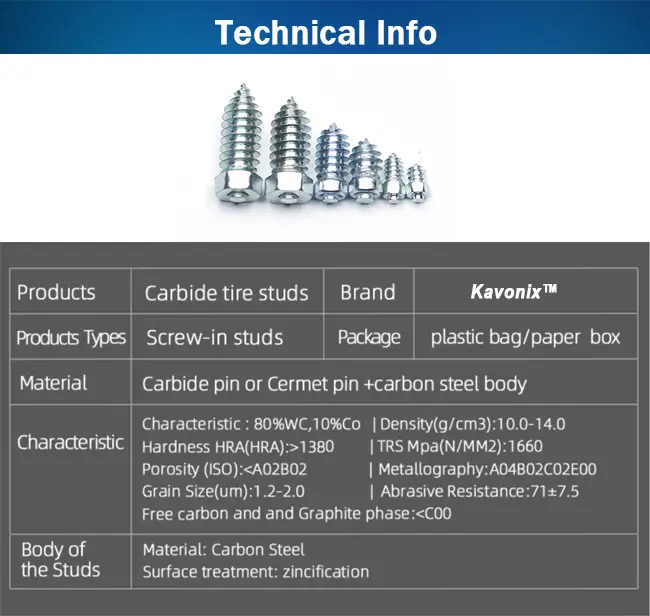 Technical specifications of Kavonix screw tire studs 6×20mm