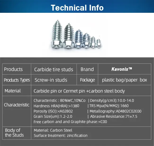 Technical specifications of Kavonix screw tire studs 6×20mm