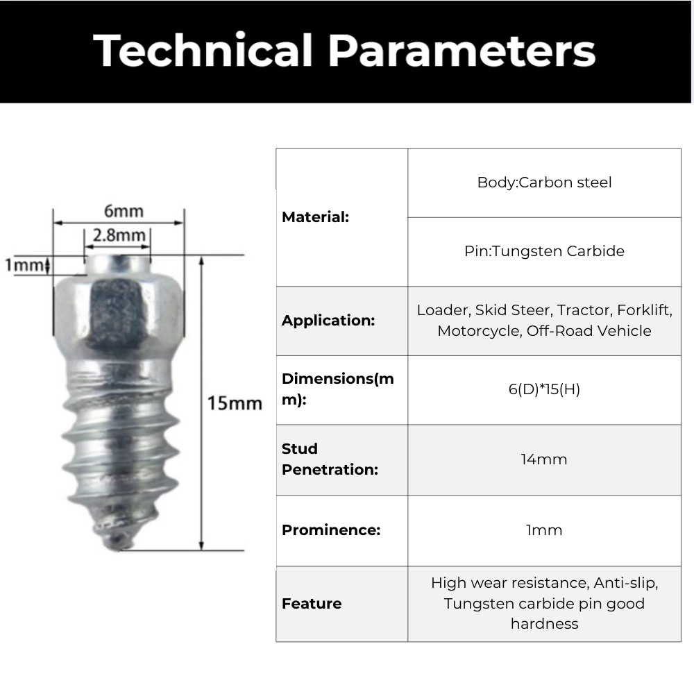 Model 6×6-H15 Tyre Studs for Motorcycle | Screw-In Tire Studs