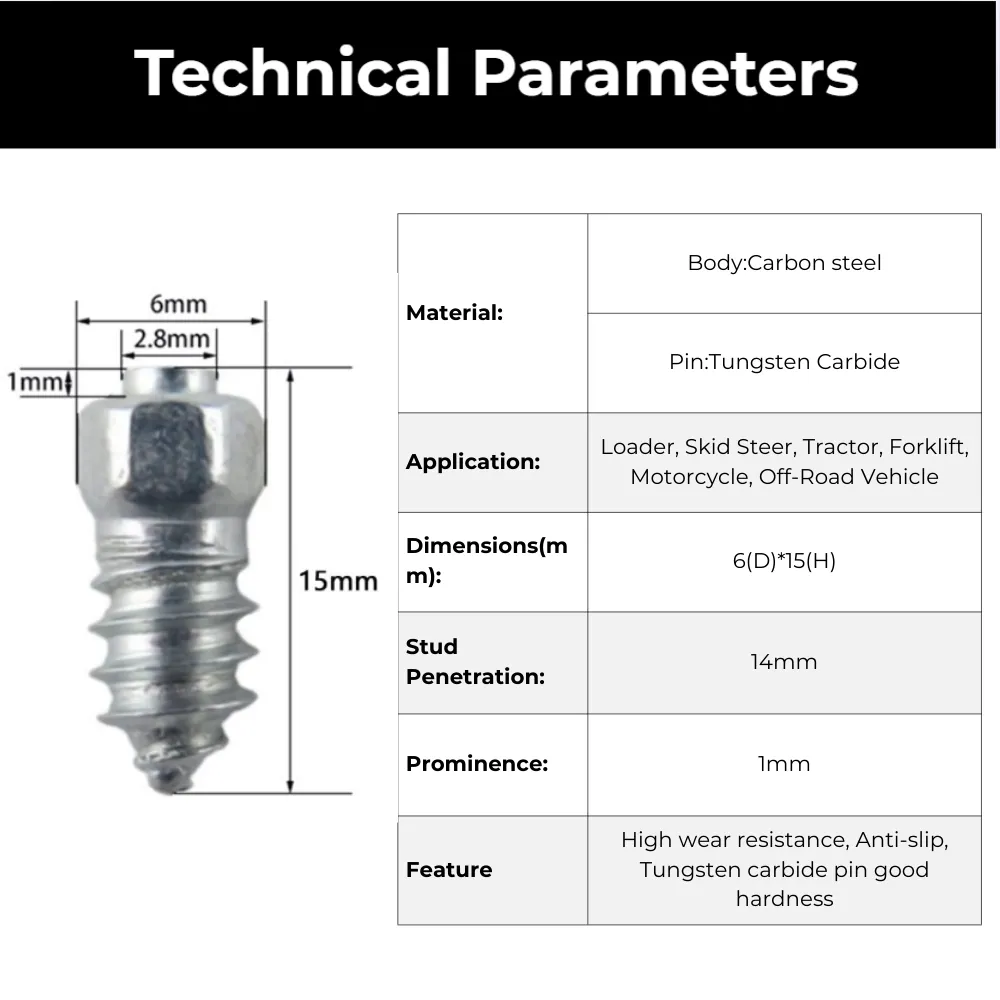 Model 6×6-H15 Tyre Studs for Motorcycle | Screw-In Tire Studs