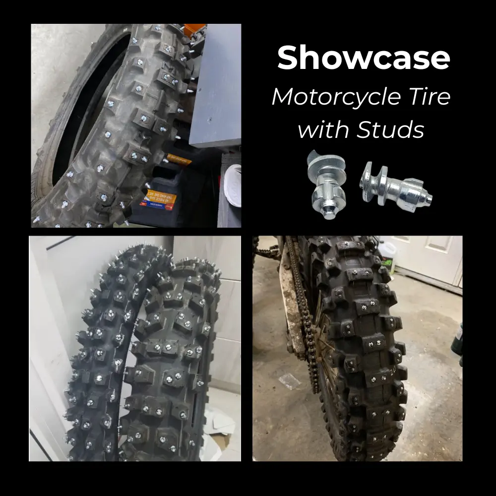 Close-up of off-road tire fitted with 160 traction studs