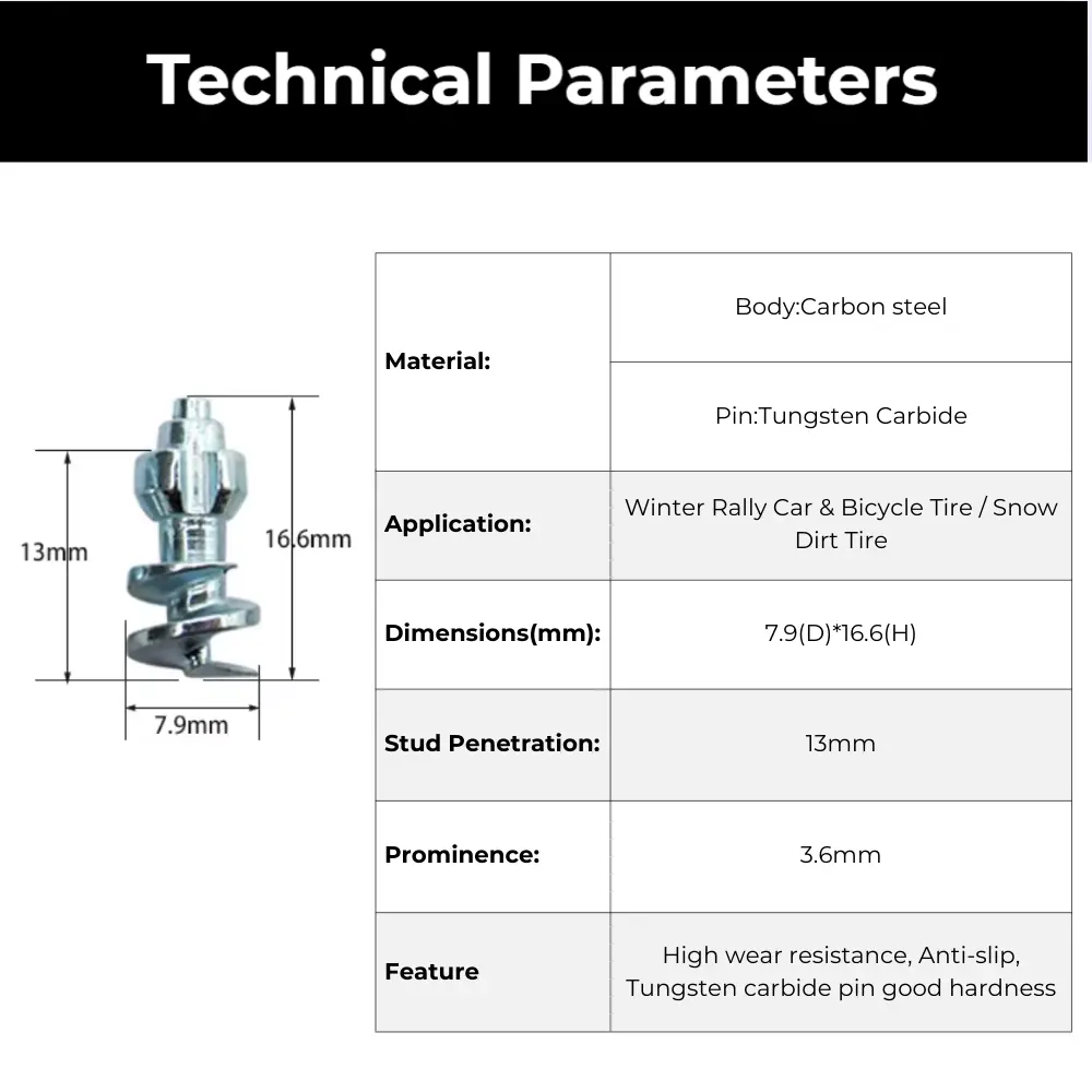 Technical specifications of model 160 off-road studs
