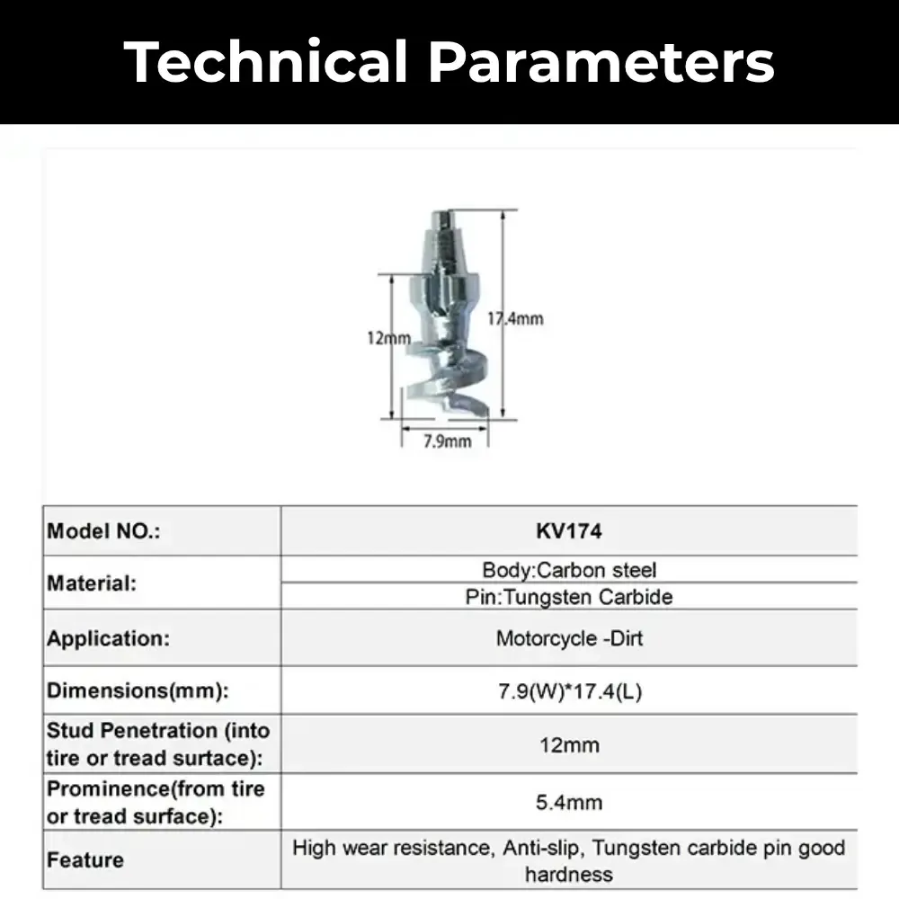 Technical specifications of 174 dirt bike tire studs