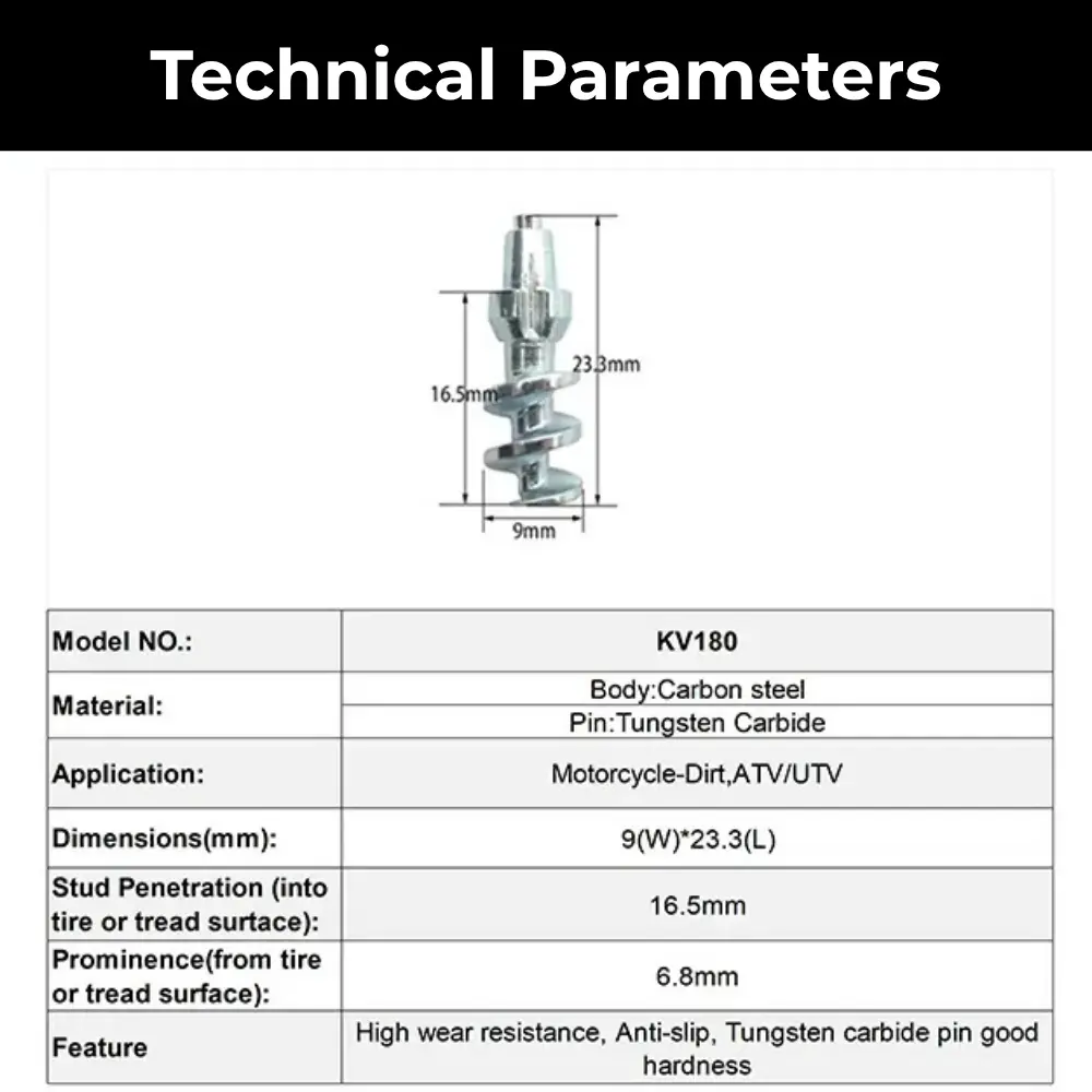 Model 180 motorcycle tire studs technical specifications