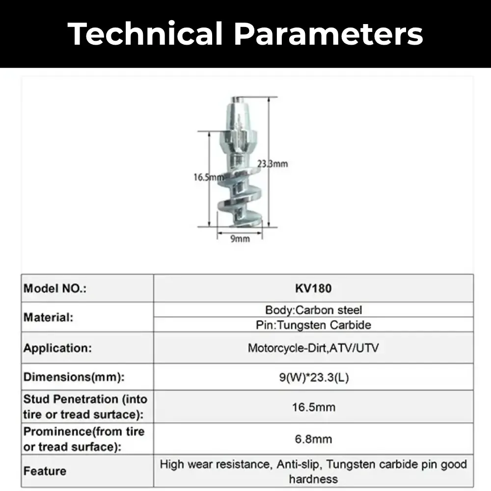 Model 180 motorcycle tire studs technical specifications