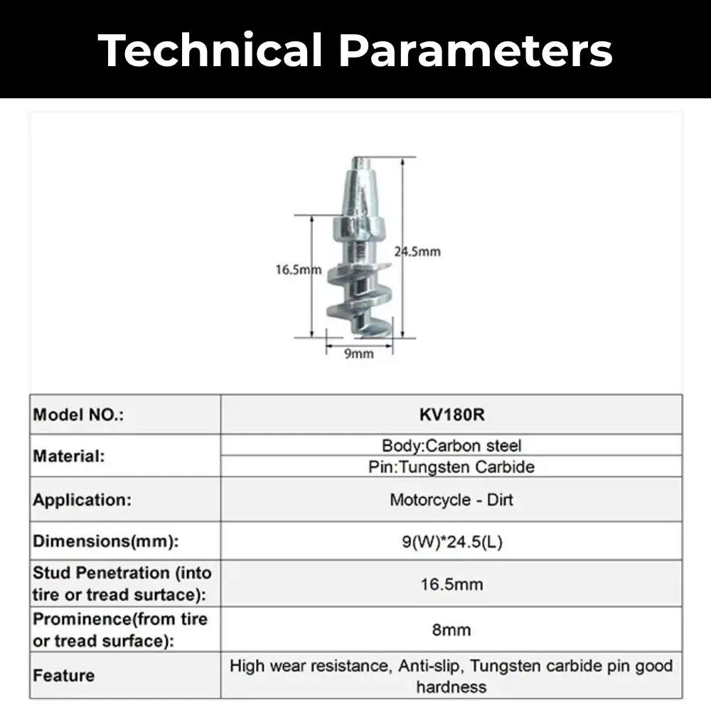 Model 180R motorcycle tire studs technical specifications