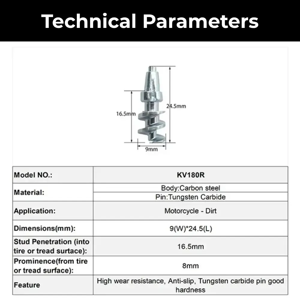 Model 180R motorcycle tire studs technical specifications