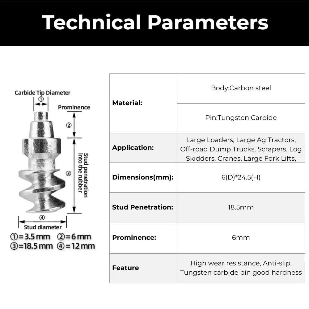 Technical parameters of 1912 tractor tire studs with carbide tip