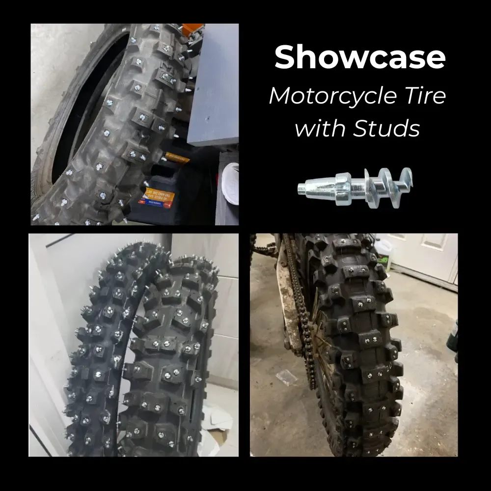Close-up of dirt bike tire fitted with 170 traction studs
