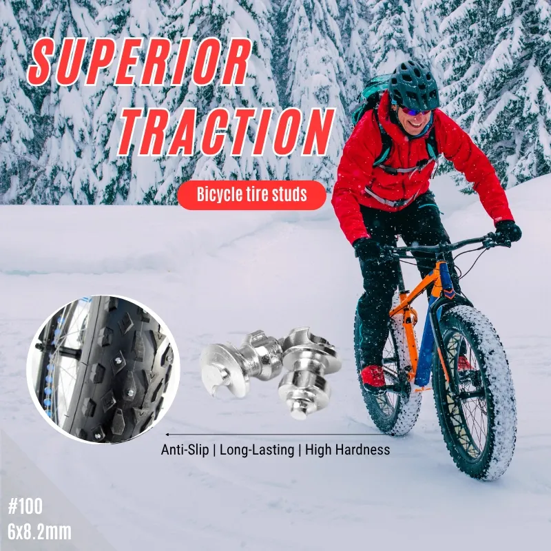 Model 100 screw tire studs installed on fat bike tire for improved grip on icy trails and snowy terrain