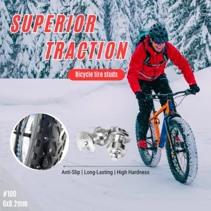 Model 100 screw tire studs installed on fat bike tire for improved grip on icy trails and snowy terrain