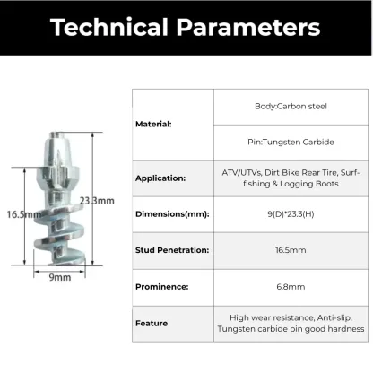 Technical specifications of Model 180 tire studs showing diameter length and penetration depth