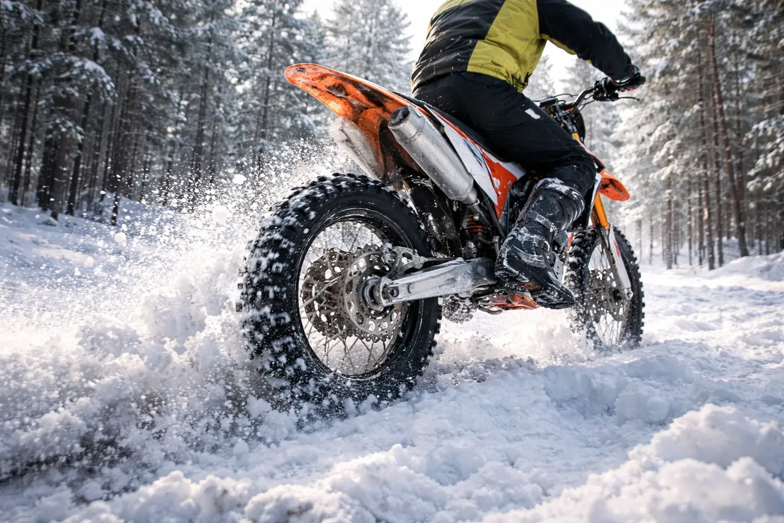 motorcycle tire studs installed on dirt bike riding on snow in winter off-road conditions