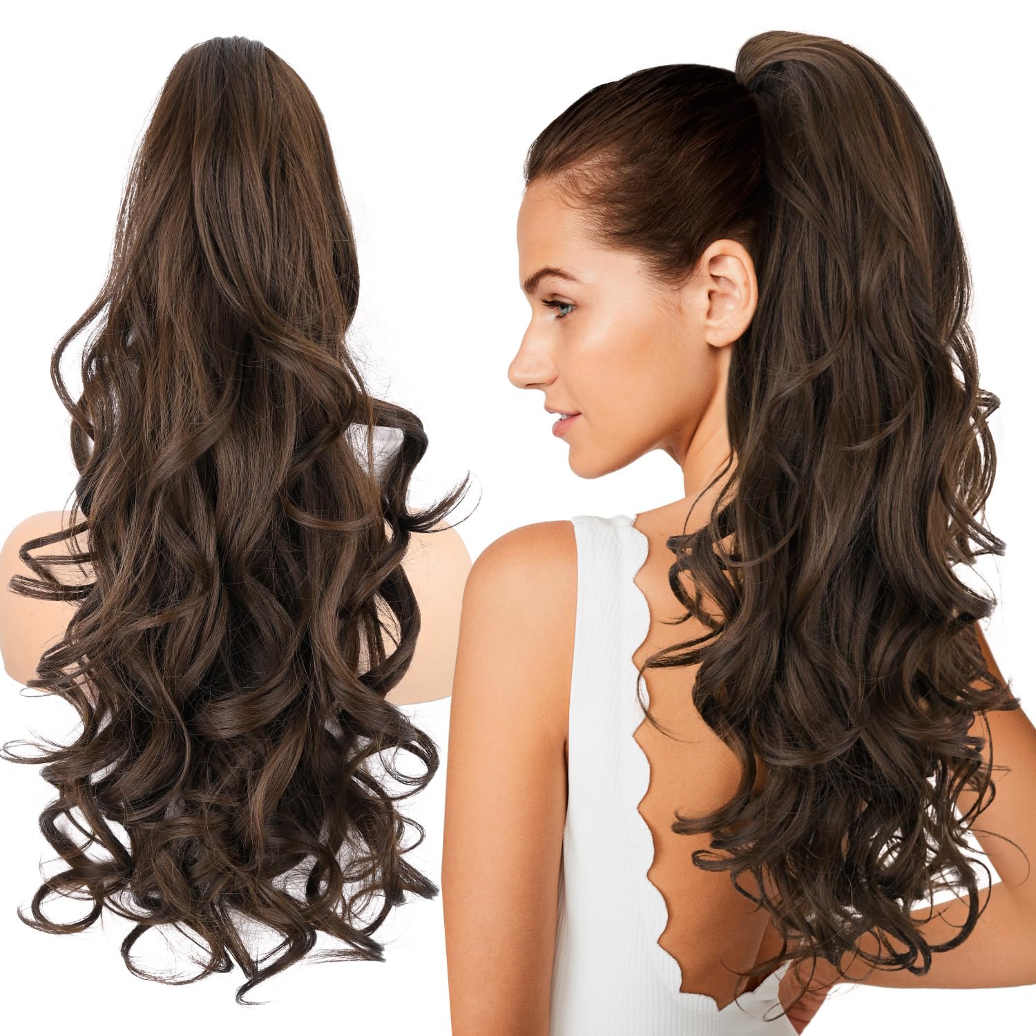 24" Claw Clip Long Curly Wavy Layered Pony Tails Extension